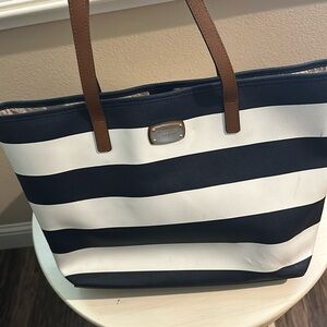 White and blue leather tote